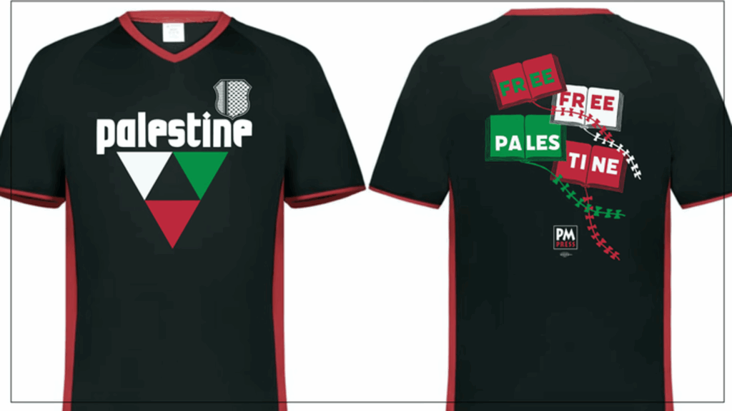 Front and back of a black soccer jersey with "Palestine" written above the tips of three arrows in the colors of the Palestine flag and a keffiyeh badge on the upper chest. On the back, flying book kites say, "Free Free Palestine" in red, green, and white, with a small, classic PM Press logo below and a tiny union bug.